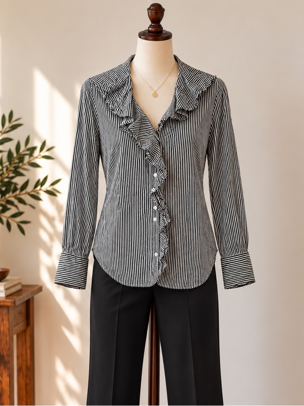 Zara Black White Striped Ruffle Blouse XS Office Siren Corporate Chic